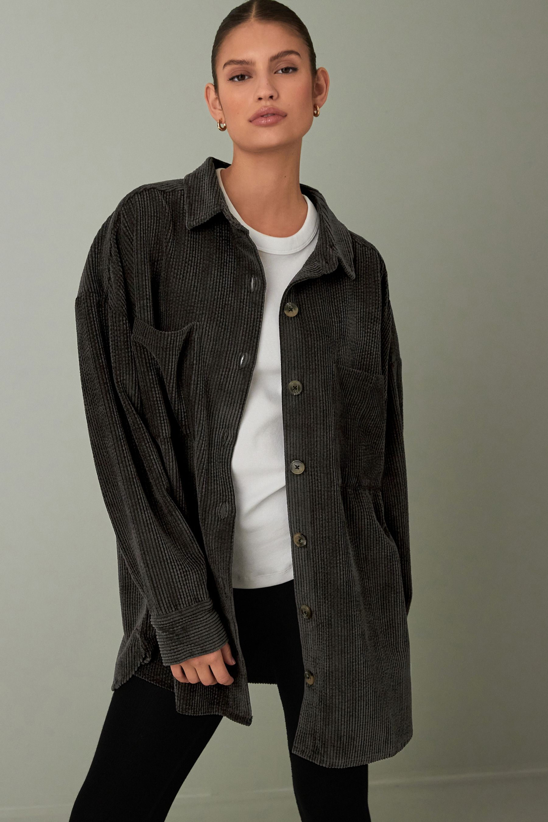 Smoke Gray Solid Corded Drop Shoulder Plus Size Shacket
