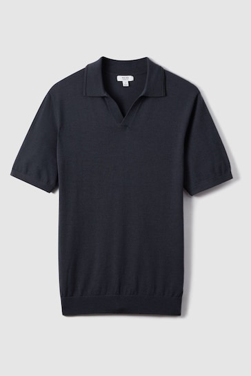 Reiss Blue Smoke Duchie Merino Wool Open Collar Polo Shirt