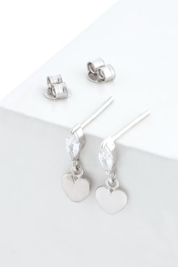 Sterling Silver Sparkle Heart Drop Earrings