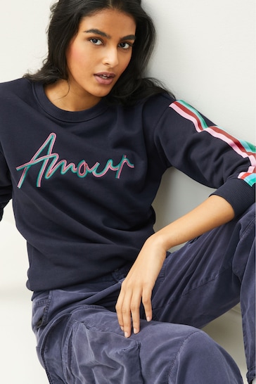 Navy Blue Amour Rainbow Graphic Slogan Sweatshirt