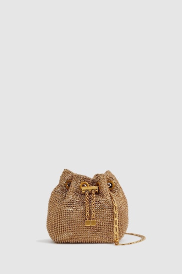 Reiss Gold Demi Crystal Mini Bucket Bag
