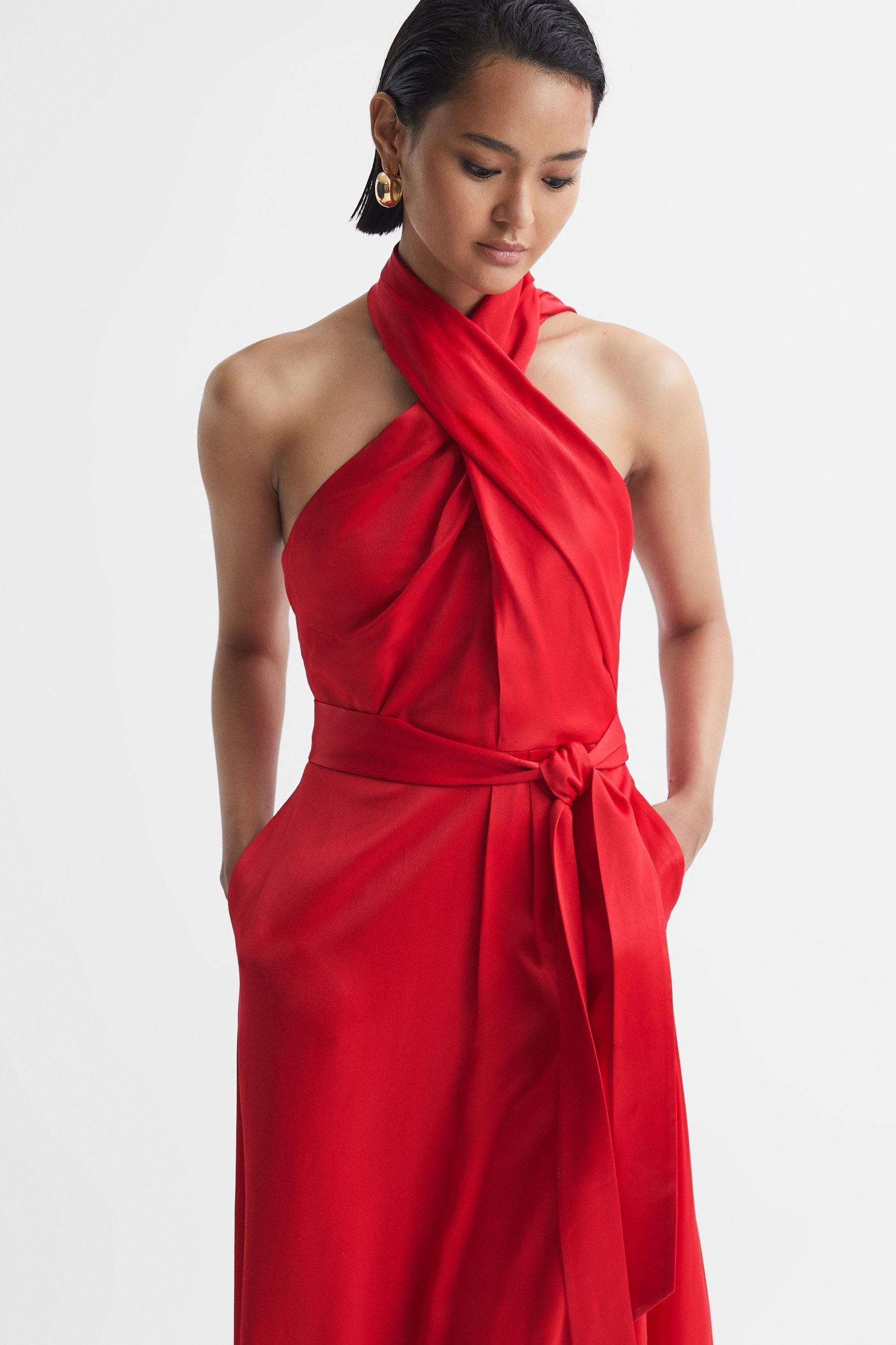 Red fitted midi dress online