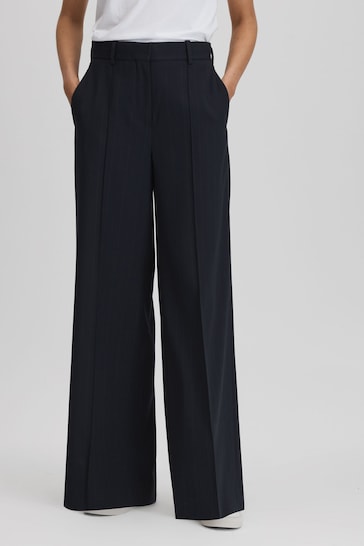 Reiss Navy Willow Wool Blend Wide Leg Pinstripe Trousers