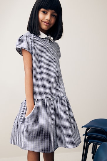 Navy Blue Cotton Rich School Gingham Zip Dress (3-14yrs)