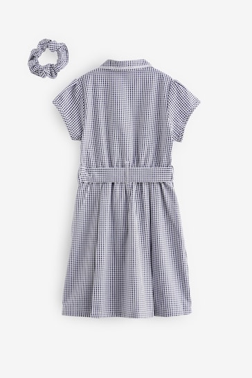 Navy Blue Cotton Rich Belted Gingham School Dress With Scrunchie (3-14yrs)