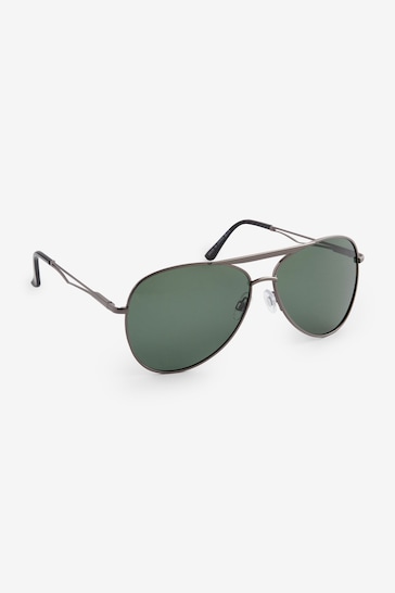 Gunmetal Grey/Green Aviator Style Polarised Sunglasses