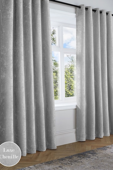 Curtina Grey Textured Chenille Luxe Eyelet Curtains