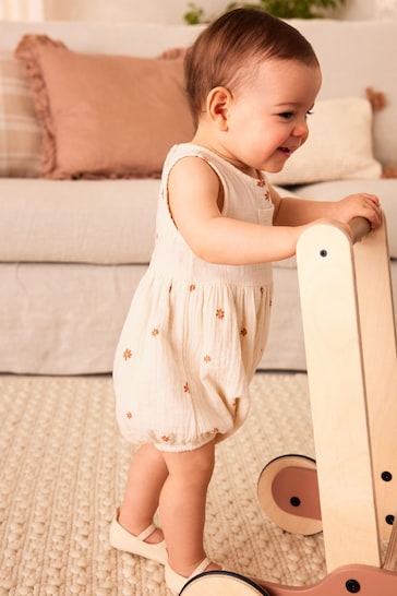 Beige Floral Embroidery Baby Bloomer Romper (0mths-3yrs)