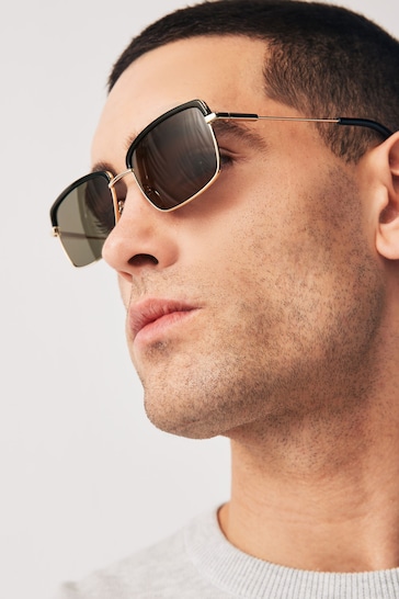 South Beach hexagonal sunglasses with gold frame and brown lenses Clubmaster Polarised Sunglasses