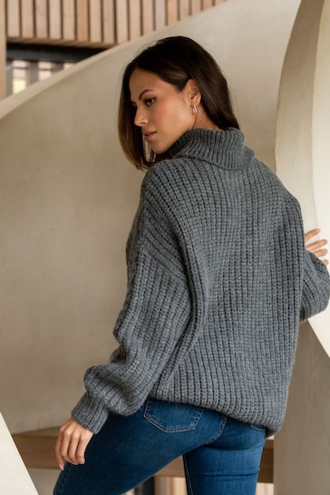 Pour Moi Grey Alice Chunky Cable Knit Rollneck Knit Jumper