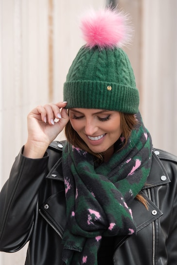 Pour Moi Green & Pink Cable Knit Hat