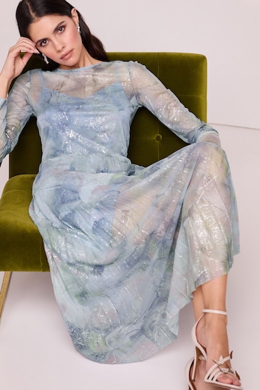 Pale Blue Long Sleeve Foil Pleated Midi Dress