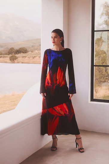 Black With Bright Abstract Floral Long Sleeve Column Maxi Dress
