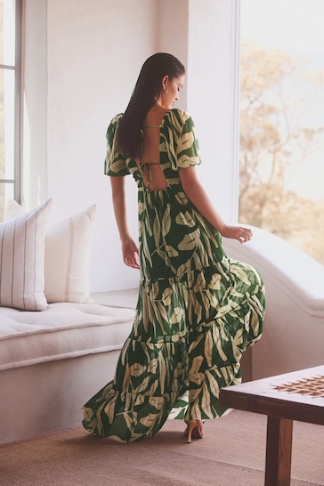 Green and White Leaf Print Short Sleeve Ocassion Maxi Dress
