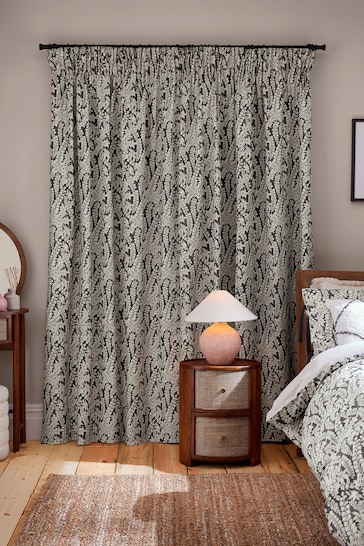 Monochrome Woodblock Floral Pencil Pleat Lined Curtains