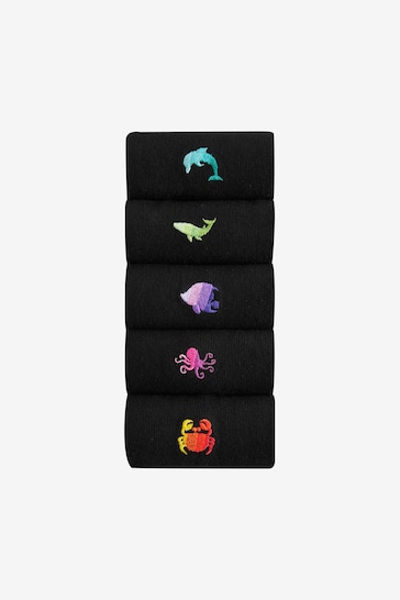 Black Sealife Fun Embroidered Socks 5 Pack