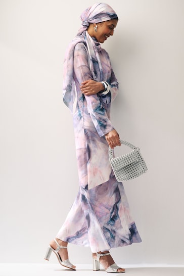 Purple Smudge Print Long Sleeve Column Maxi Dress