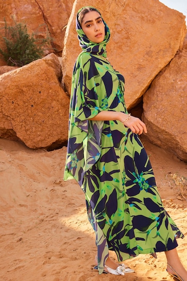 Green and Navy Floral Co-ord Half Sleeve Ruched Front Kaftan Dress