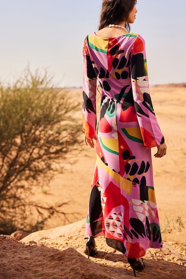 Pink Multi Abstract Print Long Sleeve Column Maxi Dress