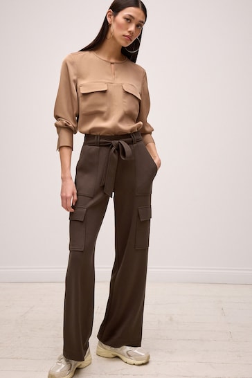 Chocolate Brown Slinky Stretch Wide Leg Belted High Waist Utility Cargo Trousers