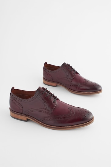 Burgundy Red Regular Fit Leather Contrast Sole Brogue Shoes