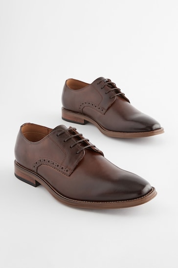 Brown Regular Fit Leather Contrast Sole Derby Shoes