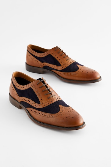 Tan/Navy Leather Contrast Panel Brogue Shoes