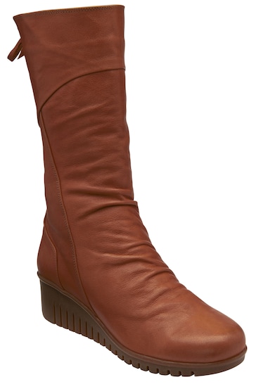 Lotus Brown Leather Zip-Up Mid-Calf Boots