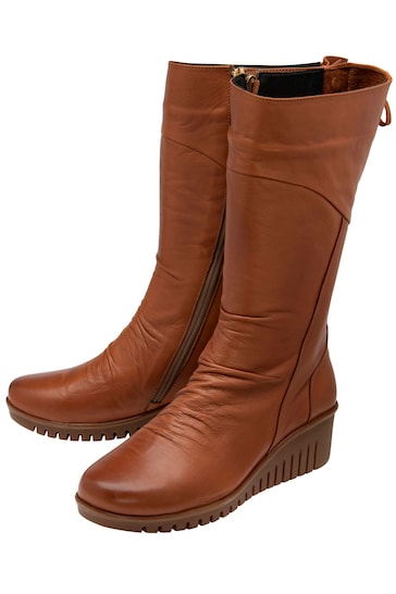 Lotus Brown Leather Zip-Up Mid-Calf Boots