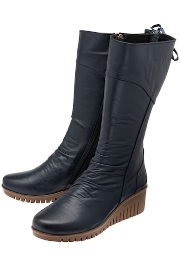 Lotus Blue Leather Zip-Up Mid-Calf Boots