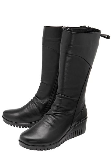 Lotus Black Leather Zip-Up Mid-Calf Boots