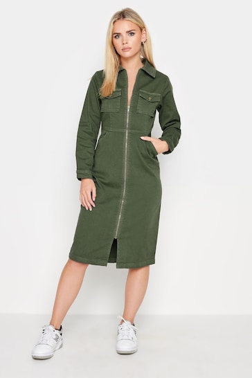 PixieGirl Petite Green Zip Through Denim Midi Dress
