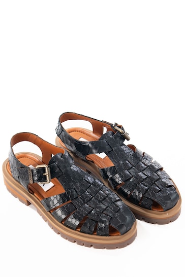 ASRA London Samo Croc Leather Gladiator Black Sandals