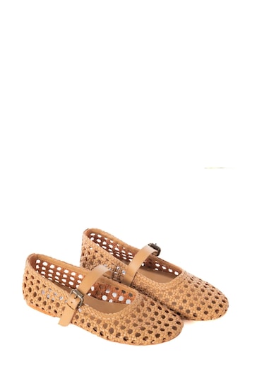 ASRA London Neve Woven Leather Strap Ballerina Brown Shoes