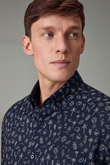 Navy Blue Holiday Print Easy Iron Button Down Short Sleeve Oxford Shirt