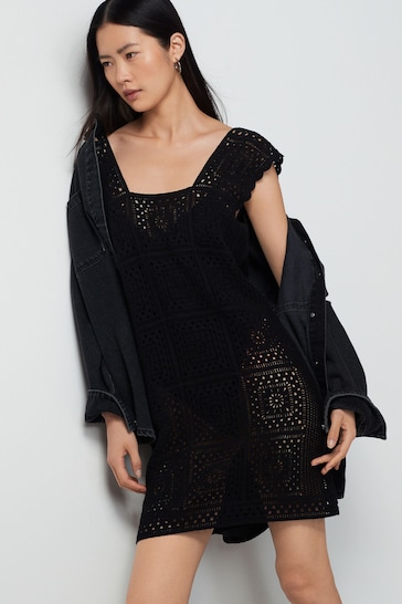 Black Crochet Square Neck Mini Dress