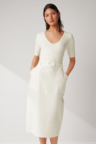 Ecru White Woven Mix Short  Sleeve Midi Dress