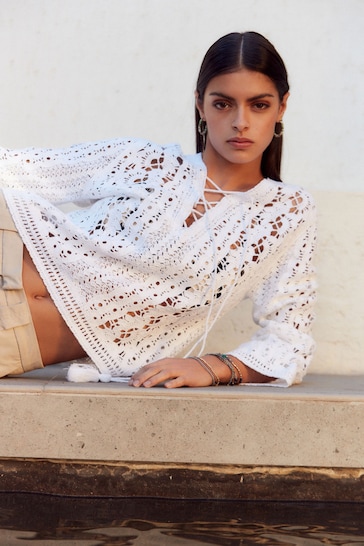 White Lace-up Detail Crochet Long Sleeve Top