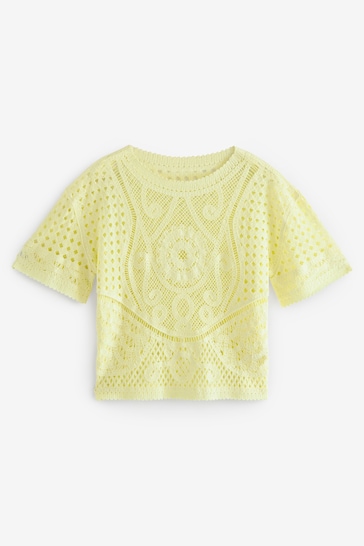 Yellow Short Sleeve Crochet Crew Neck T-Shirt
