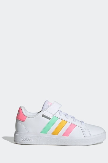 adidas White/Pink Sportswear Kids Grand Court Elastic Lace and Top Strap Trainers