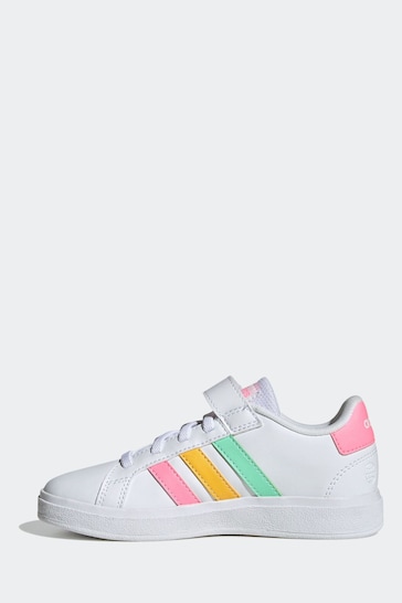 adidas White/Pink Sportswear Kids Grand Court Elastic Lace and Top Strap Trainers
