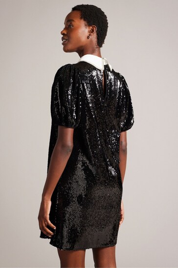 Ted Baker Zarell Black Sequin Shift Dress With Puff Sleeves