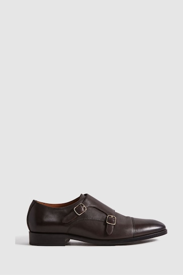 Reiss Dark Brown Amalfi Leather Double Monk Strap Shoes