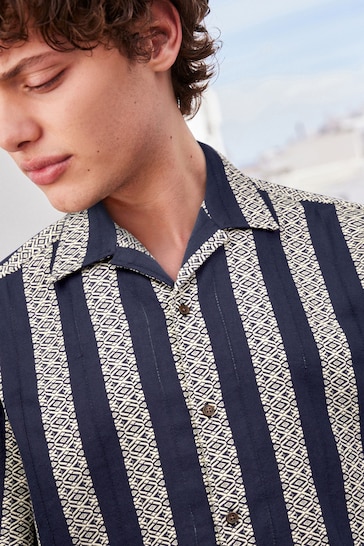 Navy Textured Stripe Short Sleeve Cuban Collar Shirt