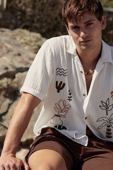 White Embroidered Short Sleeve Shirt with Cuban Collar