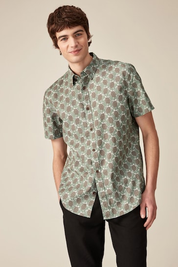 Green Linen Blend Printed Short Sleeve Shirt