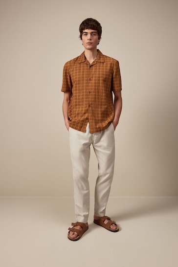 Brown Textured Check Short Sleeve Shirt With Cuban Collar