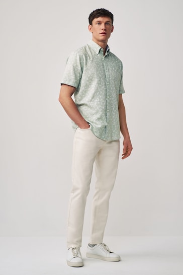 Green Textured Floral Short Sleeve Shirt