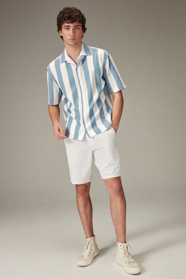 Blue Textured Stripe Short Sleeve Shirt with Cuban Collar