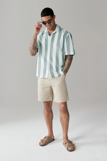 Green Textured Stripe Short Sleeve Shirt with Cuban Collar